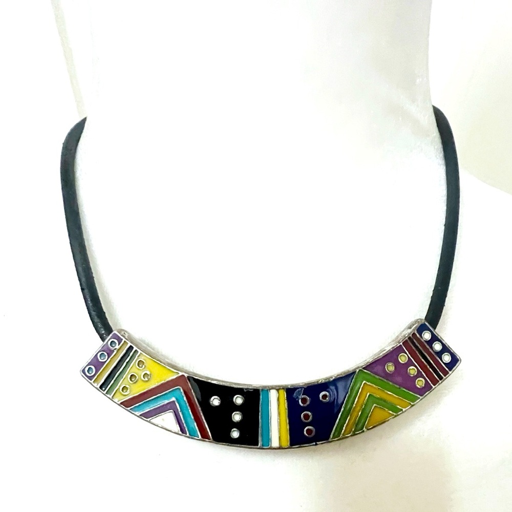 Chico’s Geometric Aborigine Multicolor Enamel Pendant Necklace Leather Cord